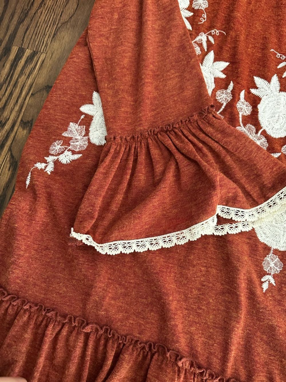 NWT Apricot Lane Burnt Orange Floral Embroidered Boho Long Sleeve fall Dress - Picture 2 of 12